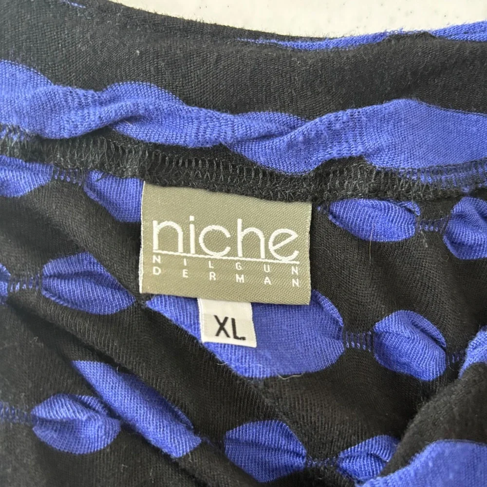 Niche Nilgun Derman Blue Black Textured Stripe‎ Side Tie Tunic Top XL USA Made